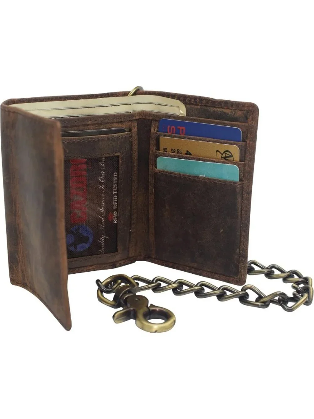 Vintage Leather Biker Chain Wallet for Men - RFID Blocking, Trifold, Snap